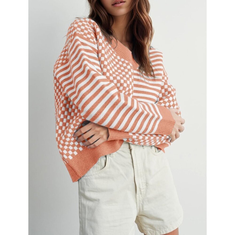 Womens Light Orange Striped Checkered V Neck Casual Knit Trendy Pullover Sweater - Picture 2 of 3